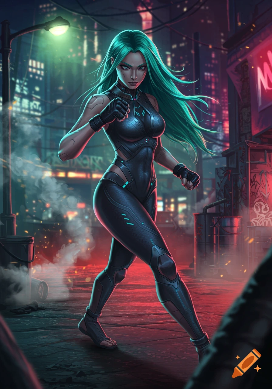 A woman with long, flowing green hair and a black cyberpunk suit walks confidently down a neon-lit, smoky city street at night.