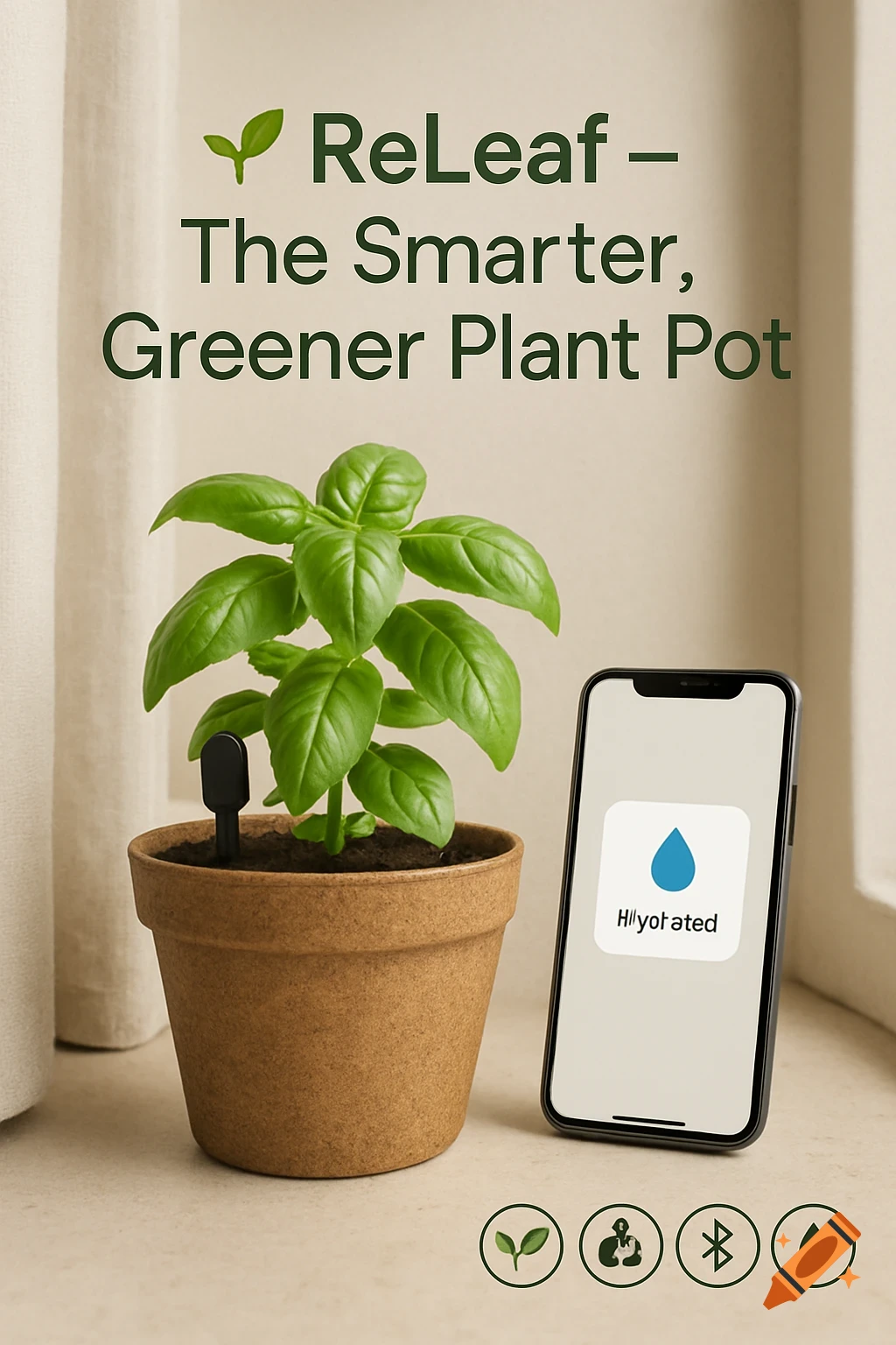 An ad for ReLeaf Smart Plant Pot features a basil plant in a pot next to a smartphone showing a hydration alert, on a minimalist windowsill.