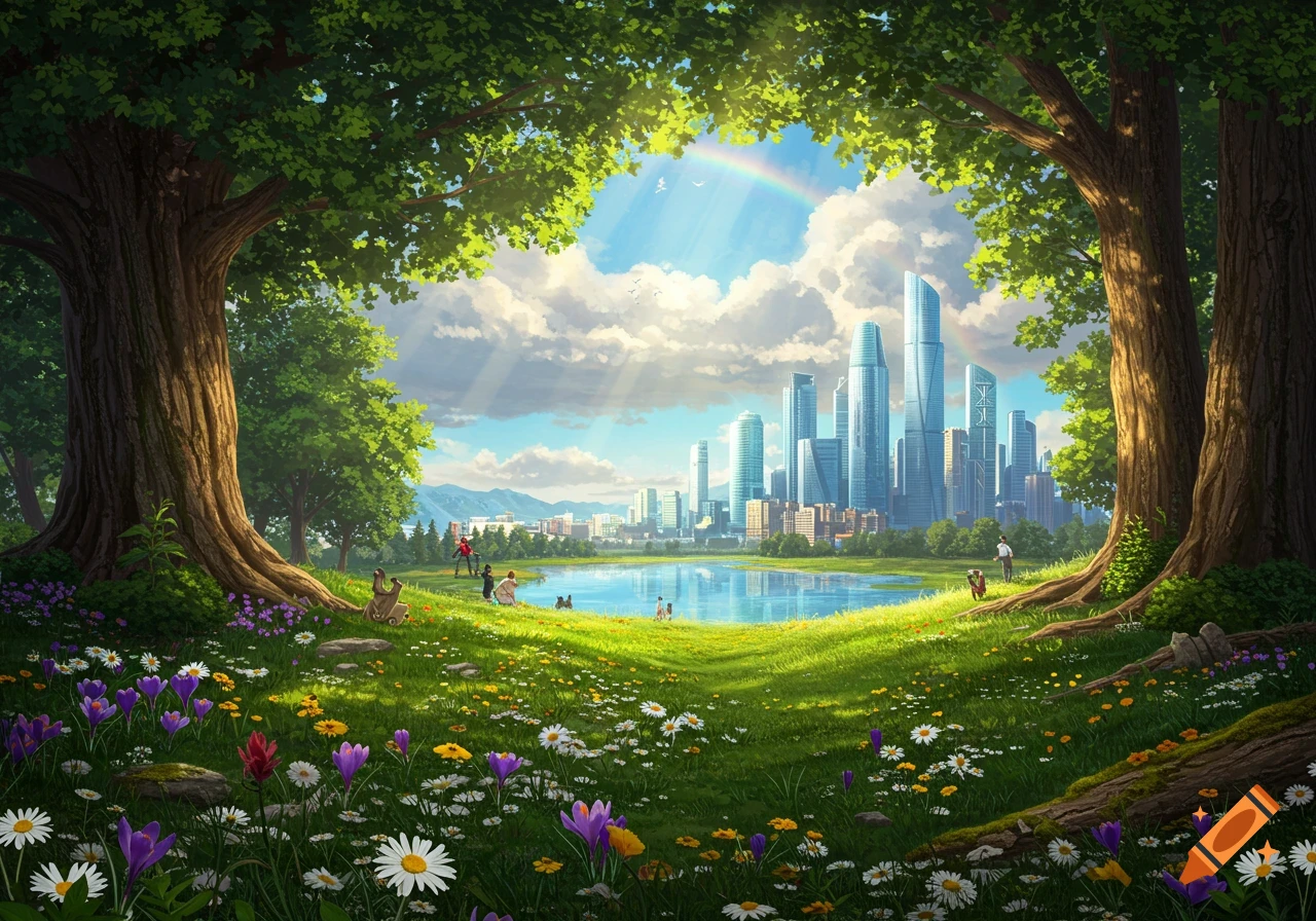 Vibrant landscape with a lush green park framed by large trees, a lake reflecting a modern city skyline, and a rainbow in the sky.