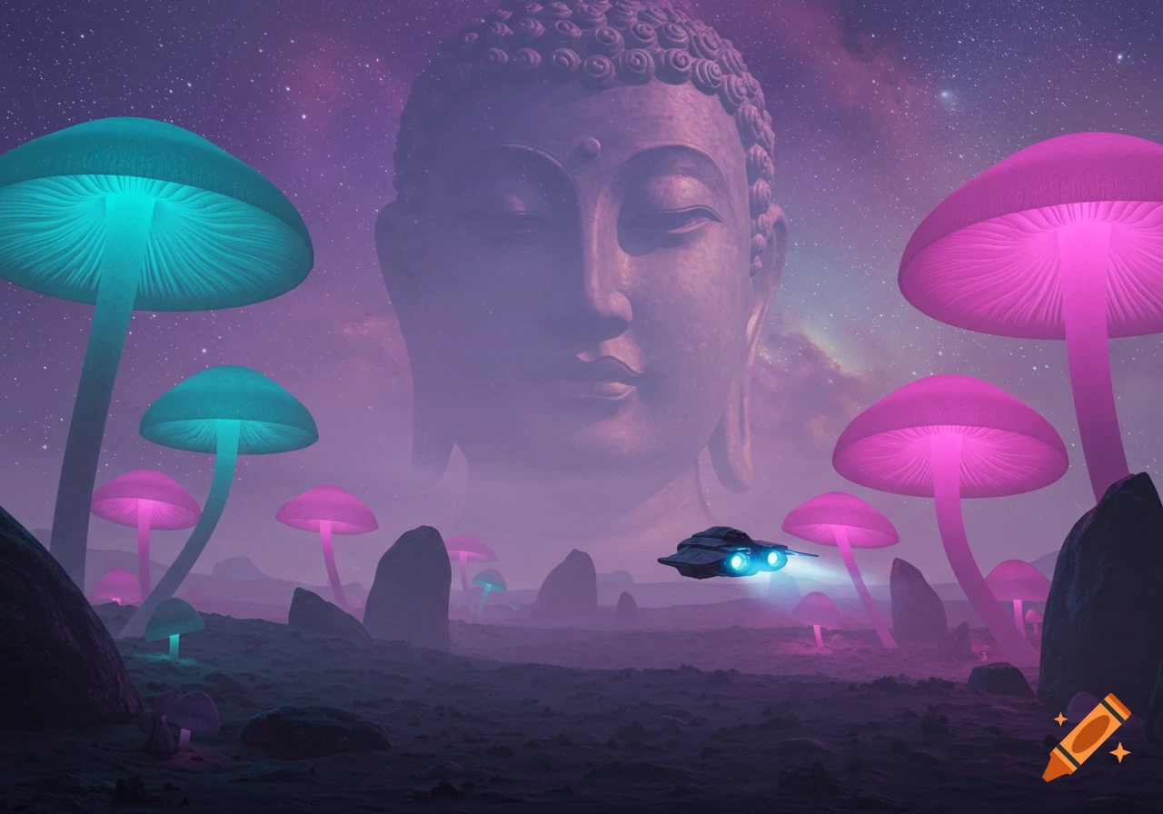 A surreal sci-fi landscape with a giant Buddha head in the sky, glowing mushrooms, and a spaceship flying over an alien planet.