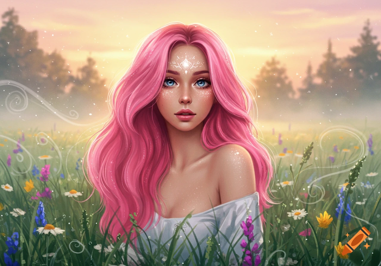 A woman with long pink hair, blue eyes, and glittery makeup, wearing a white top, stands in a field of colorful wildflowers at sunset, with a dreamy, ethereal aesthetic.