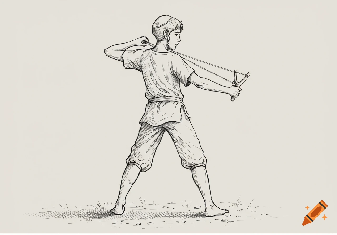 Line drawing of a young boy in a tunic, wearing a kippah, standing with his back to the viewer and aiming a slingshot.