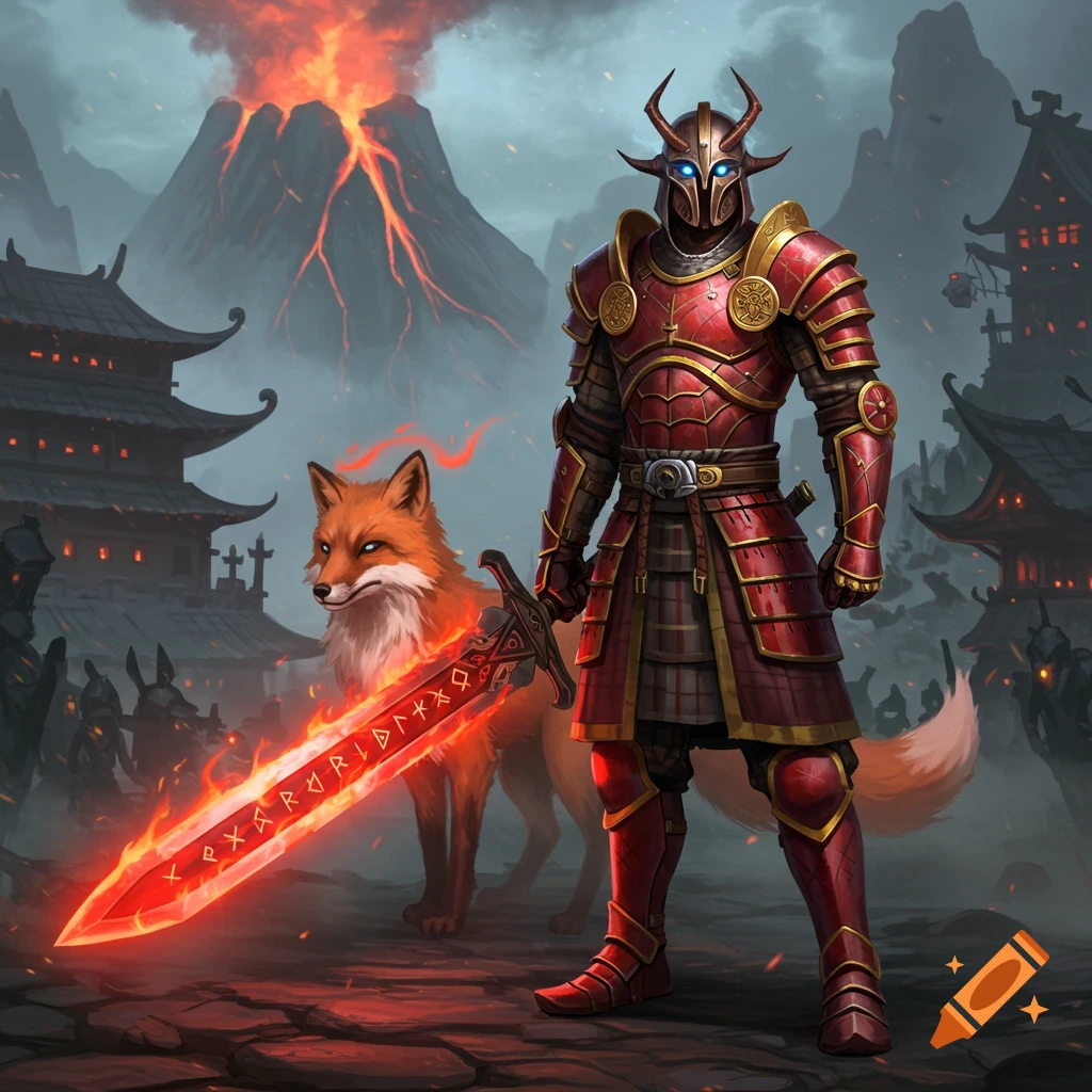 A knight in red and gold armor with glowing blue eyes holds a fiery sword with runes, standing next to a fox in a volcanic Asian village.