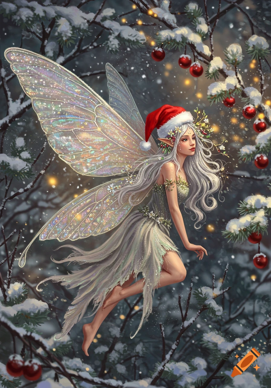 A beautiful fairy with shimmering wings, long white hair, and a Santa hat, flying through a snowy forest with red berries and glowing lights.