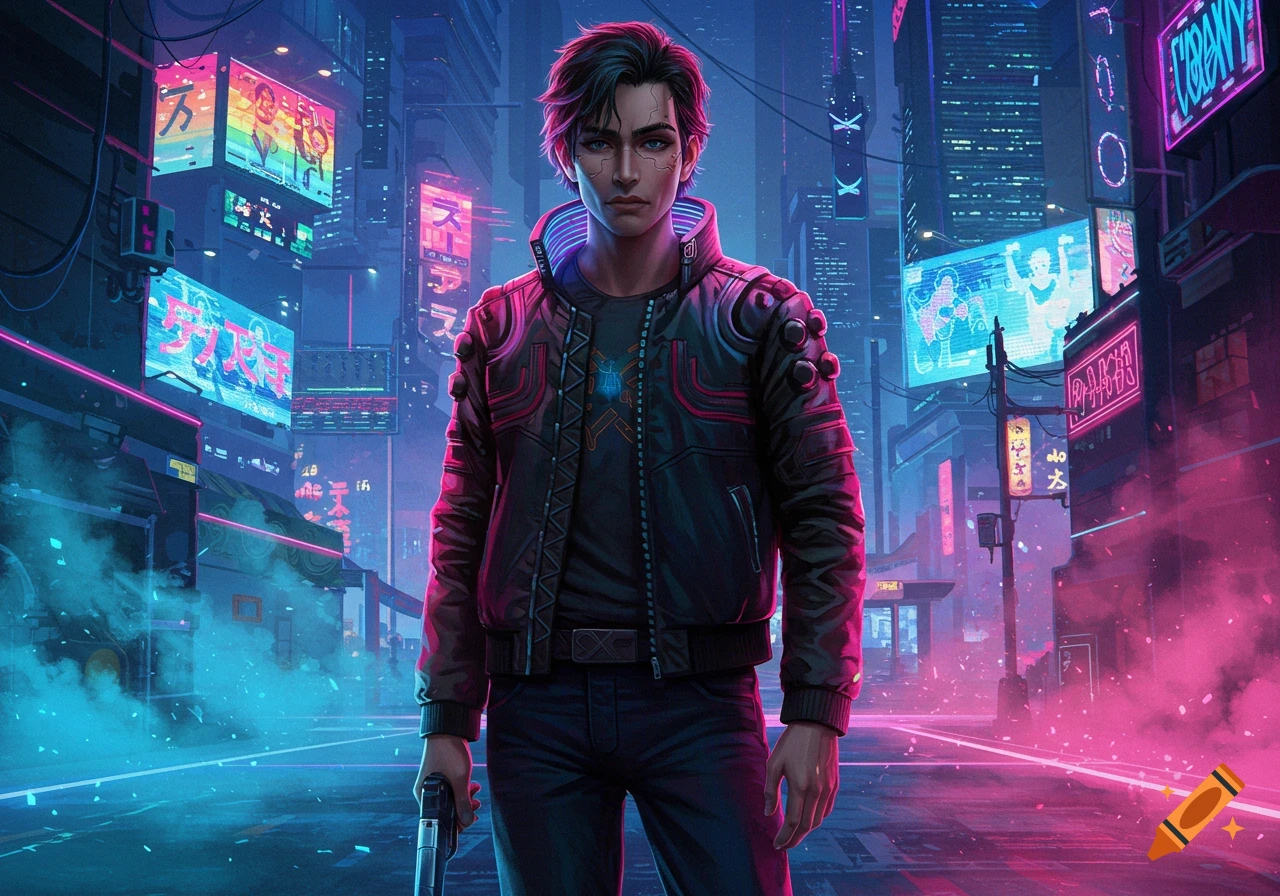 A stylized male character in a cyberpunk city, surrounded by neon lights and billboards with glowing pink and blue haze. He wears a dark jacket with red accents and holds a pistol.