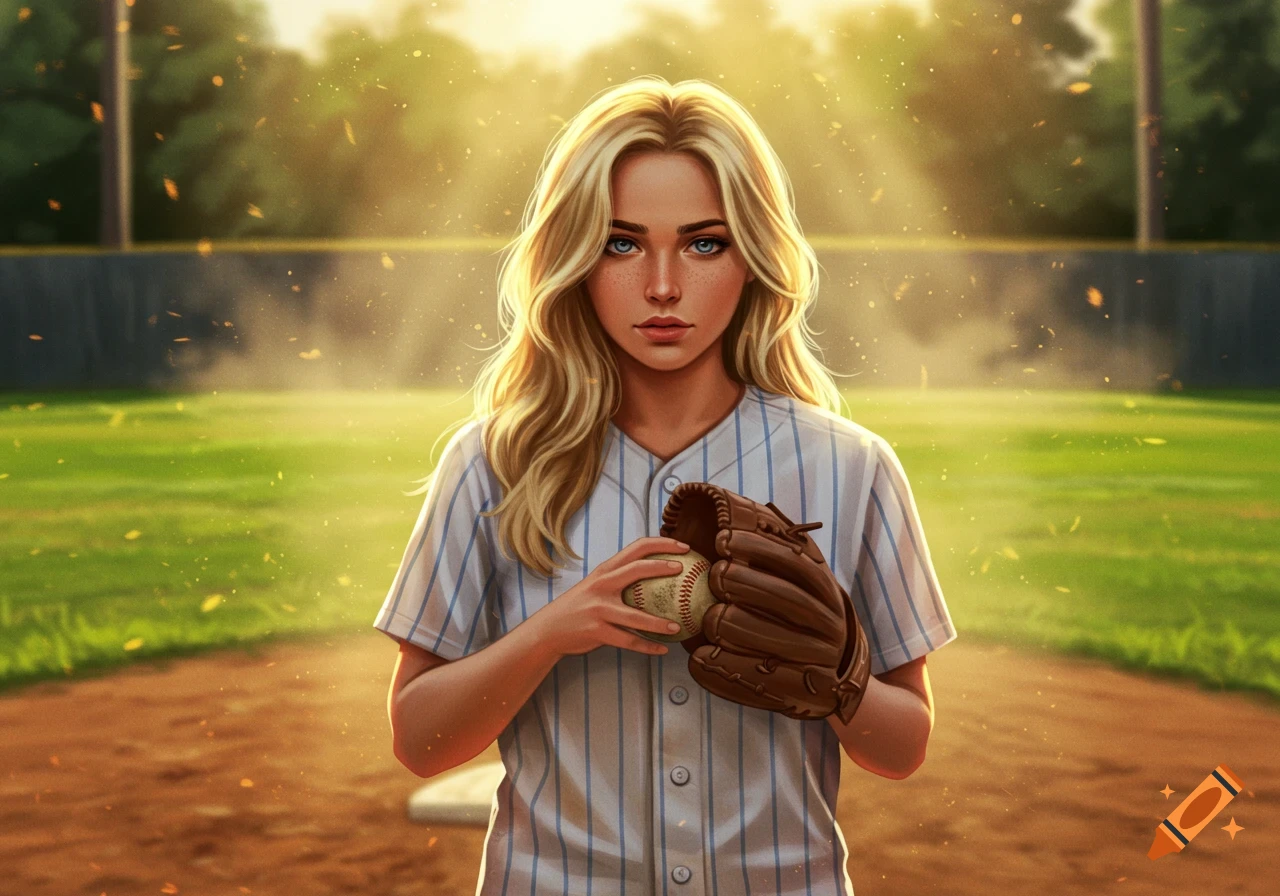 Digital art of a blonde woman in a baseball uniform holding a baseball and glove on a sunny field.