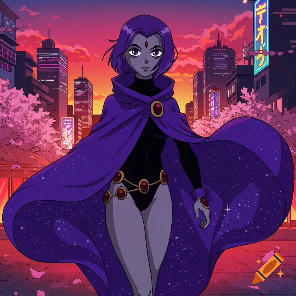 Anime-style Raven from Teen Titans stands in a futuristic city with neon signs and cherry blossoms at sunset.