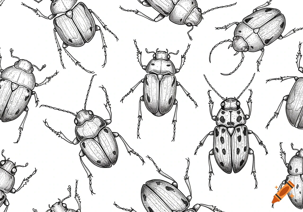 Black and white ink sketches of various beetles arranged in a seamless pattern on a white background.