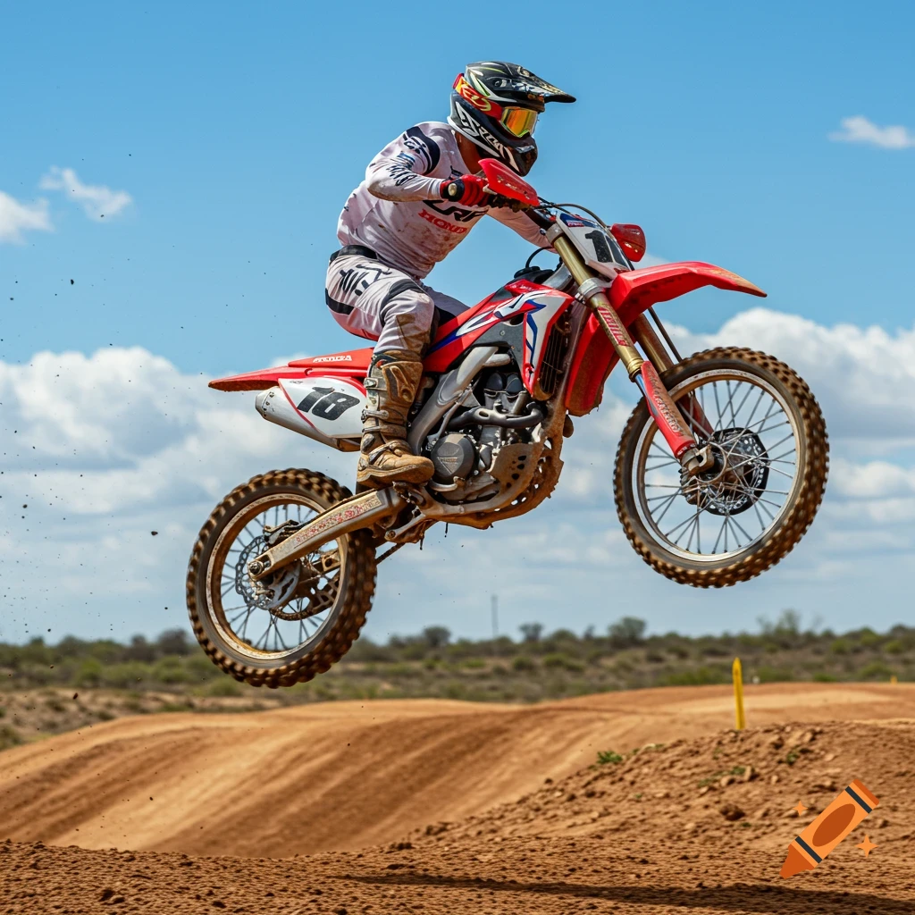 A motocross rider in mid-air on a red and white dirt bike during a jump on a sunny day at a dirt track.