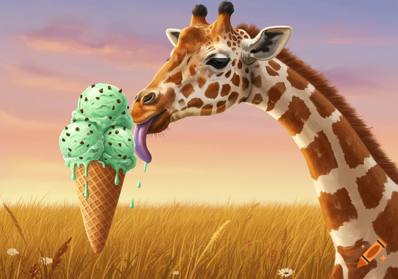 A cartoon giraffe with a long purple tongue licking a large mint chocolate chip ice cream cone in a field at sunset.