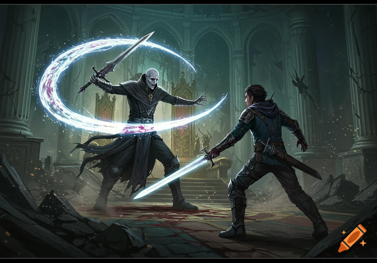 A pale, robed sorcerer with a glowing sword battles a human warrior in a ruined gothic hall with blood on the floor.