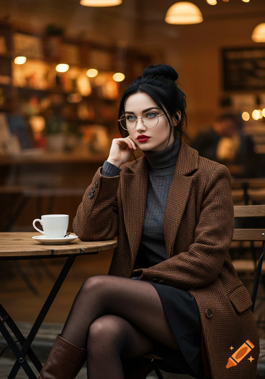 A woman with dark hair and glasses in a brown coat sits at a cafe table, looking thoughtfully.