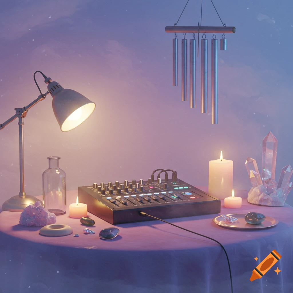 A sound mixer, desk lamp, candles, and crystals on a table, with a wind chime above, in a serene, dreamy setting.