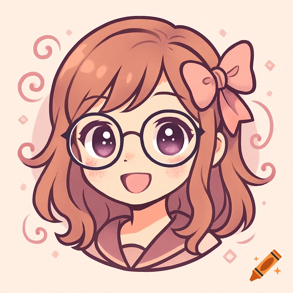 Anime-style logo of a smiling girl with light brown hair, glasses, and a pink bow.