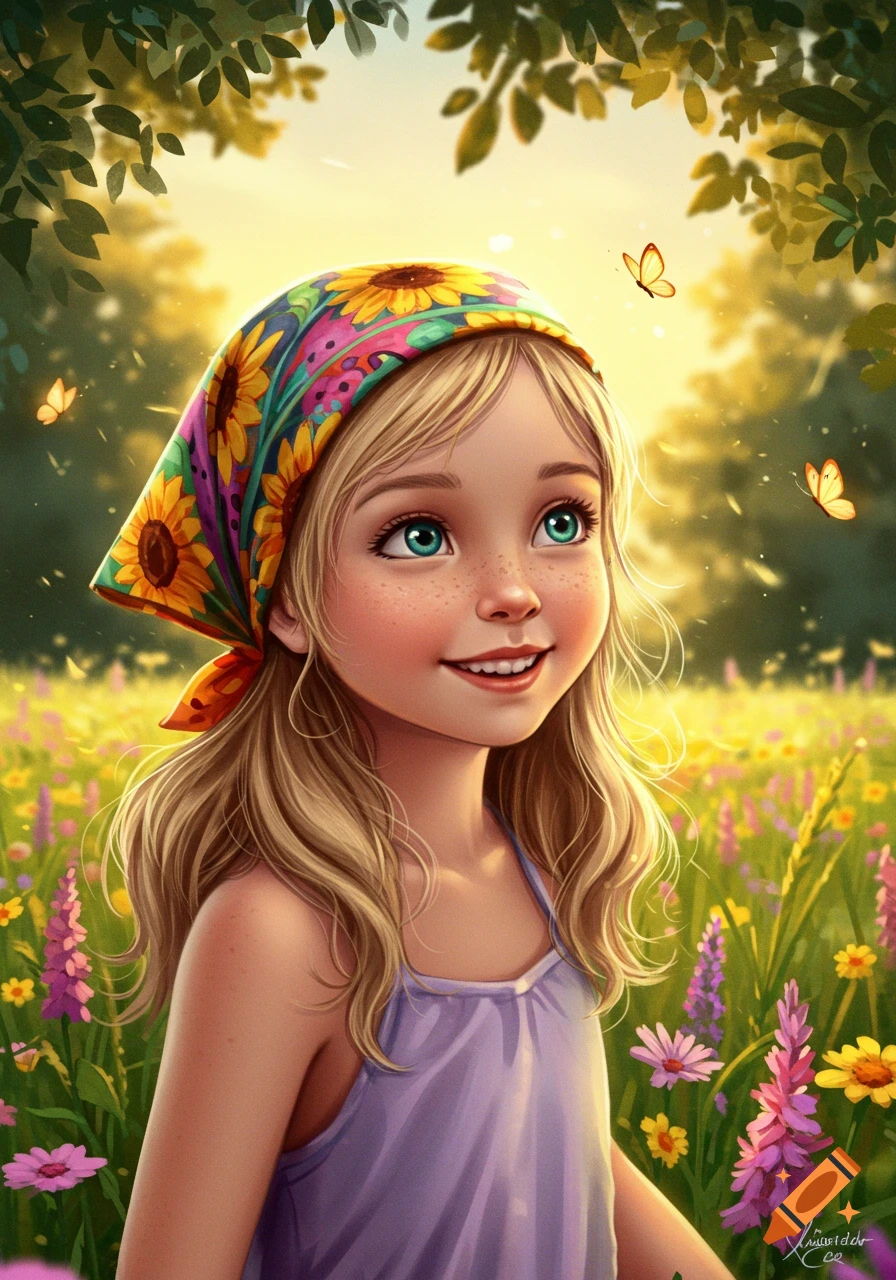 A young, smiling blonde girl with freckles and blue eyes wears a colorful sunflower bandana and purple top, standing in a sunny field of wildflowers with butterflies.