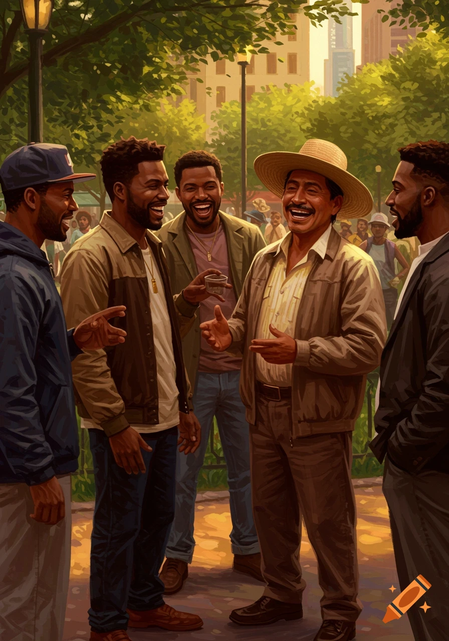 Five diverse men, including a man in a straw hat, laughing and talking in a park under green trees with city buildings in the background, in a painted style.