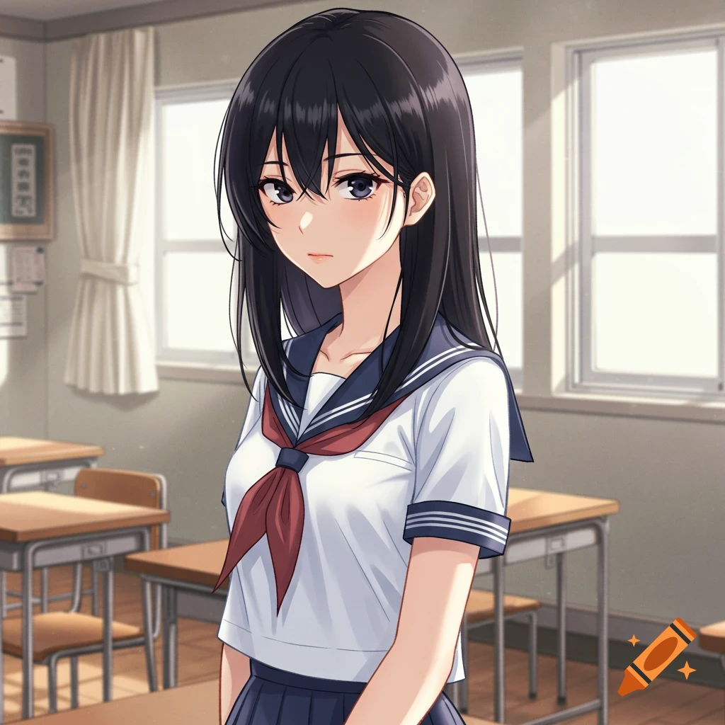 An anime girl with long black hair wearing a white and blue sailor school uniform stands in a classroom.