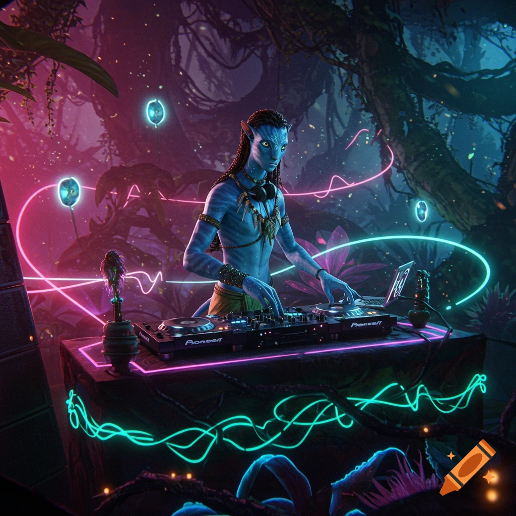 A blue-skinned Navi character from Avatar with dreadlocks and tribal jewelry DJing at decks in a neon-lit jungle.
