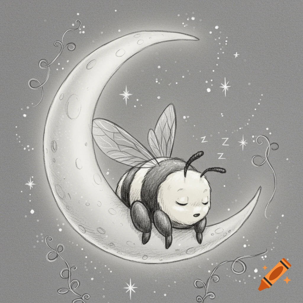 Pencil sketch of a cute cartoon honeybee sleeping soundly on a glowing crescent moon, surrounded by tiny stars.