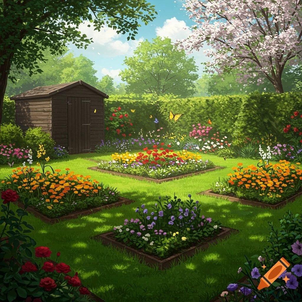 A vibrant garden illustration featuring a brown shed, colorful flower beds, green grass, trees, and butterflies under a blue sky.