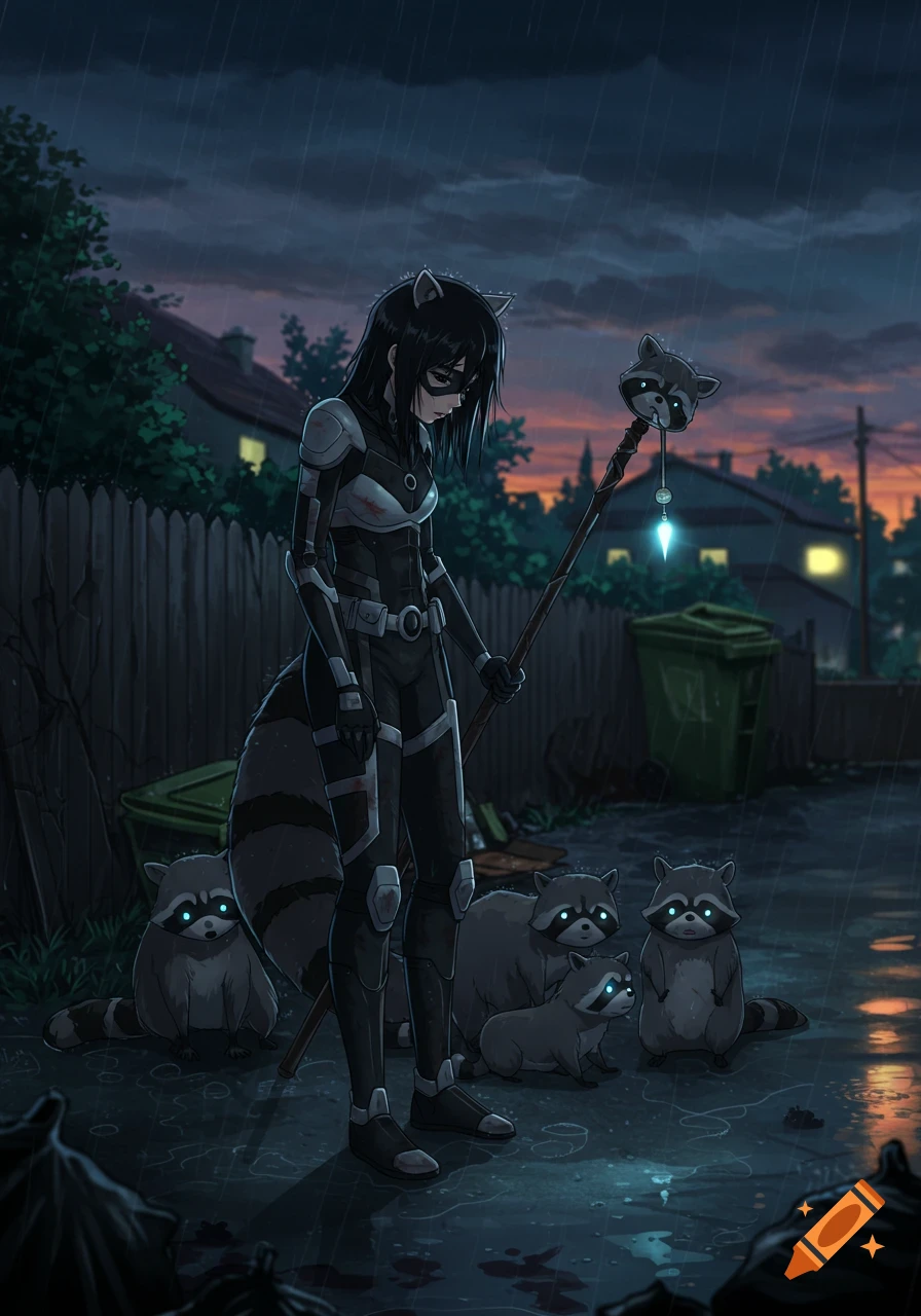 Anime art of a somber, armored superheroine with raccoons in a rainy suburban alley at dusk.