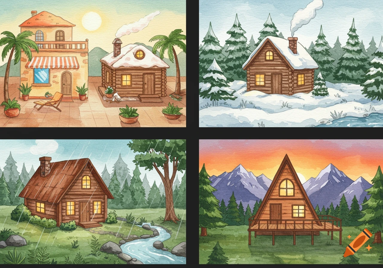 Four watercolor illustrations showing a villa in a warm climate, a snowy cabin, a rainy forest cottage, and a mountain chalet at sunset.