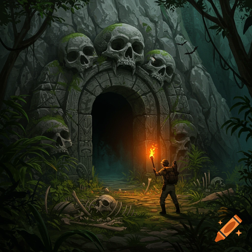 An adventurer with a torch stands before a skull-adorned stone archway in a dark, jungle-like cave, surrounded by bones.