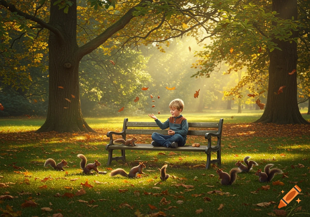 A photorealistic image of a boy sitting on a park bench, feeding nuts to several squirrels amidst falling autumn leaves and sunlight.