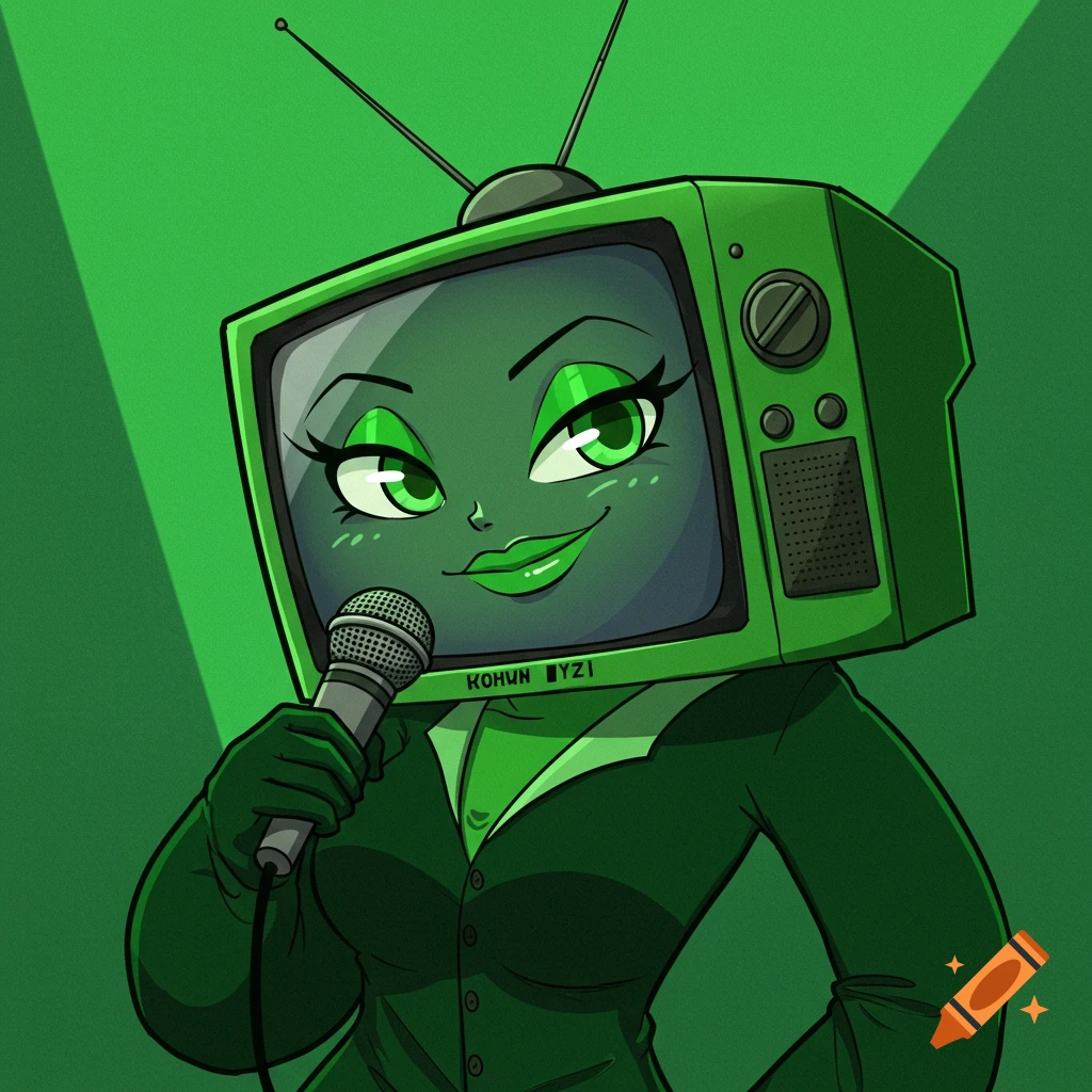 A green TV-headed character with a smirk, green eyes, and green lips, holding a microphone, in a green suit. Stylized cartoon art.