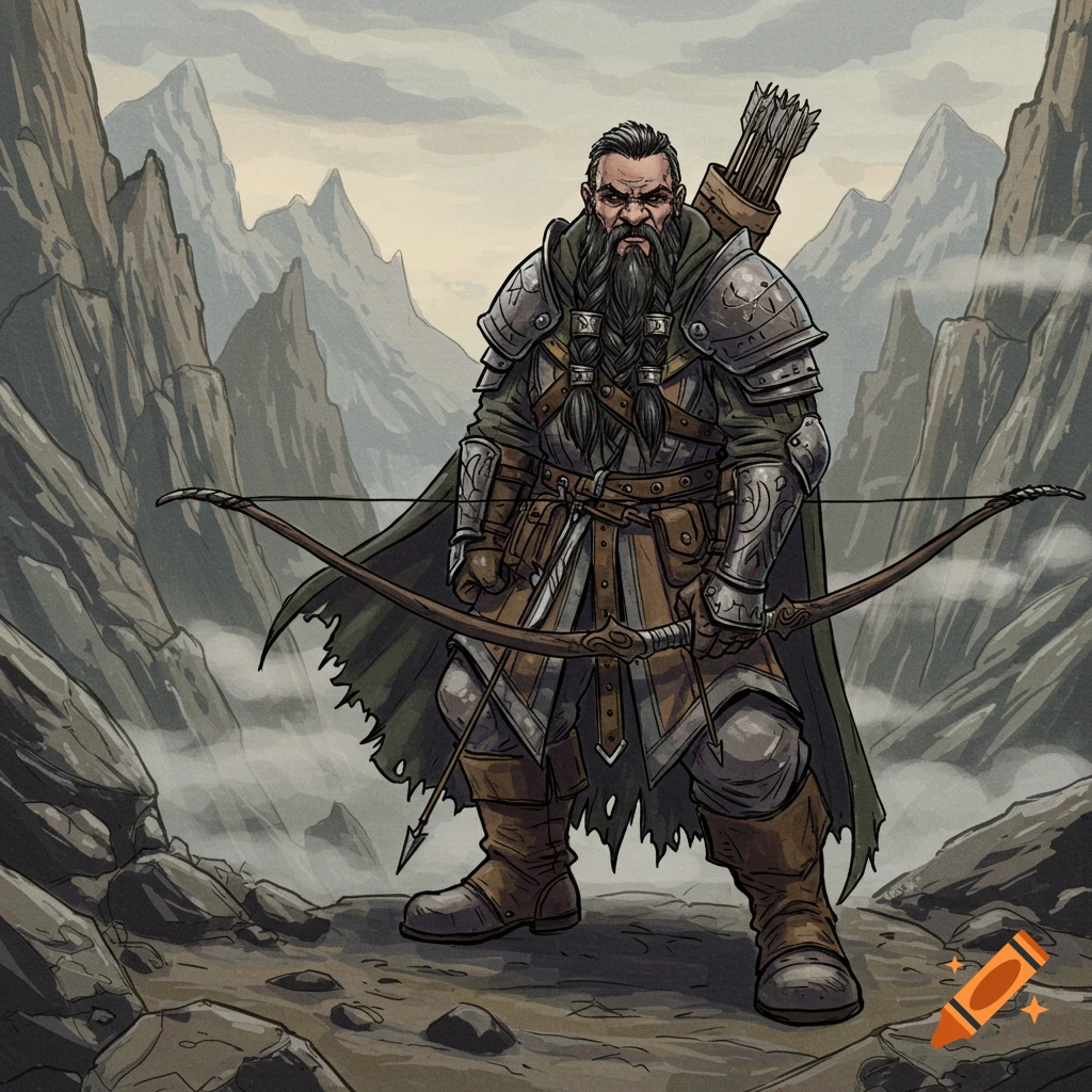 A hand-drawn illustration of a male dwarf in armor, holding a longbow in a martial stance, set in a rocky mountain valley.