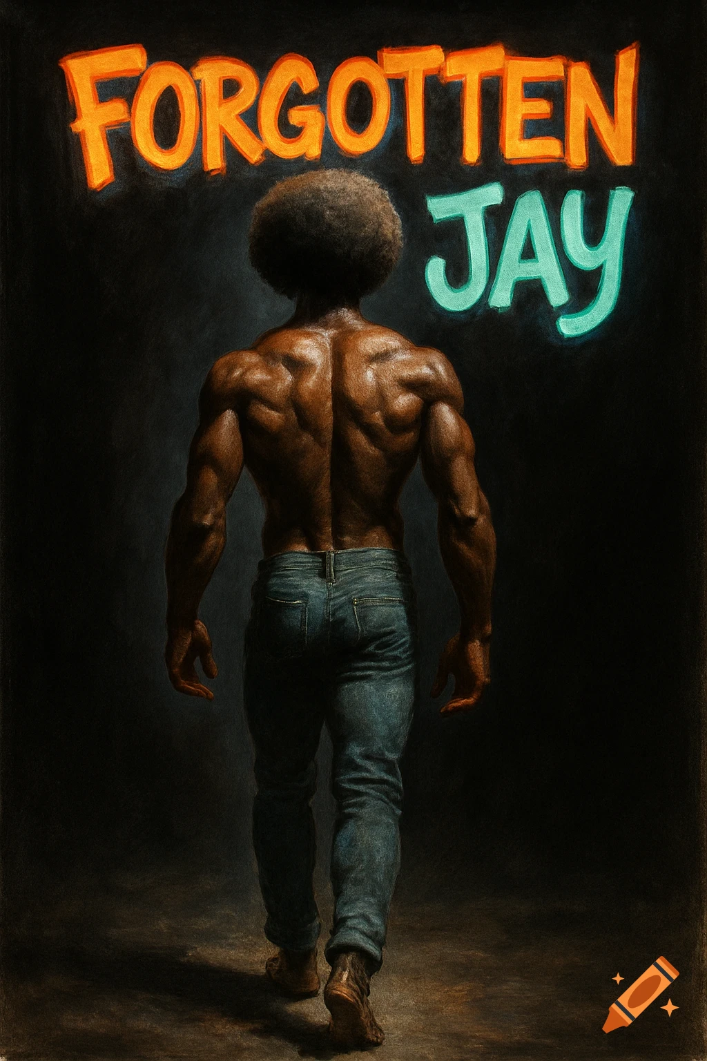 Painting of a muscular man with an Afro, seen from behind, walking away from the viewer. Above him, the words 'FORGOTTEN JAY' glow in orange and teal.