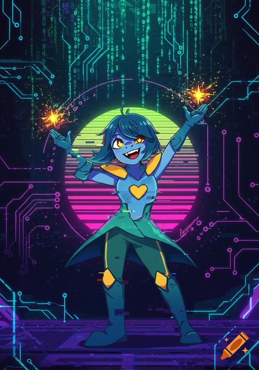 A blue-skinned character with yellow eyes and short blue hair stands in a vibrant cybernetic setting, holding two sparkling star-shaped fireworks. They wear a blue and green outfit with yellow accents and a heart emblem, surrounded by circuit board patterns and falling binary code.