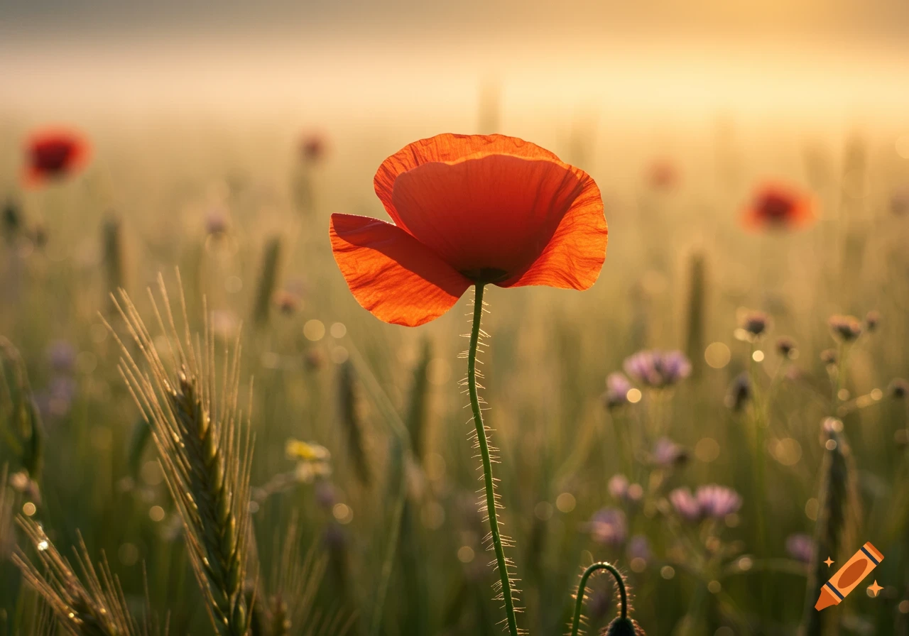 A single vibrant red poppy flower stands tall in a sun-drenched field of green wheat, with a golden glow in the background.