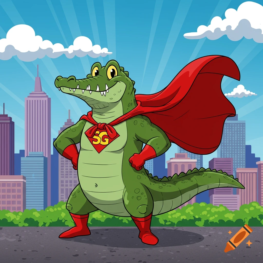 A cartoon alligator dressed as a superhero with a red cape, red boots, and a "5G" emblem on its chest, standing in front of a city skyline.