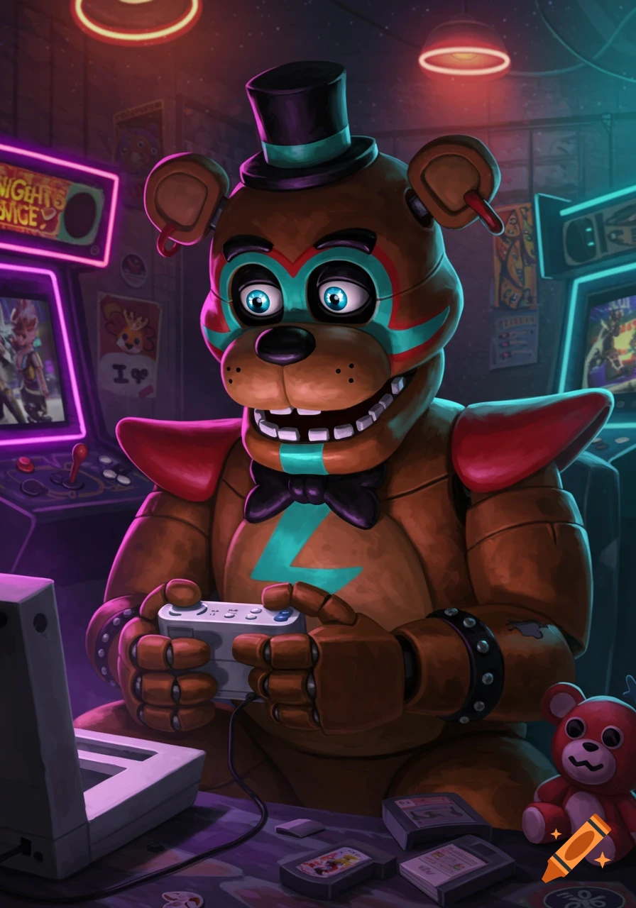 Glamrock Freddy from FNaF playing video games in an arcade, holding a controller.