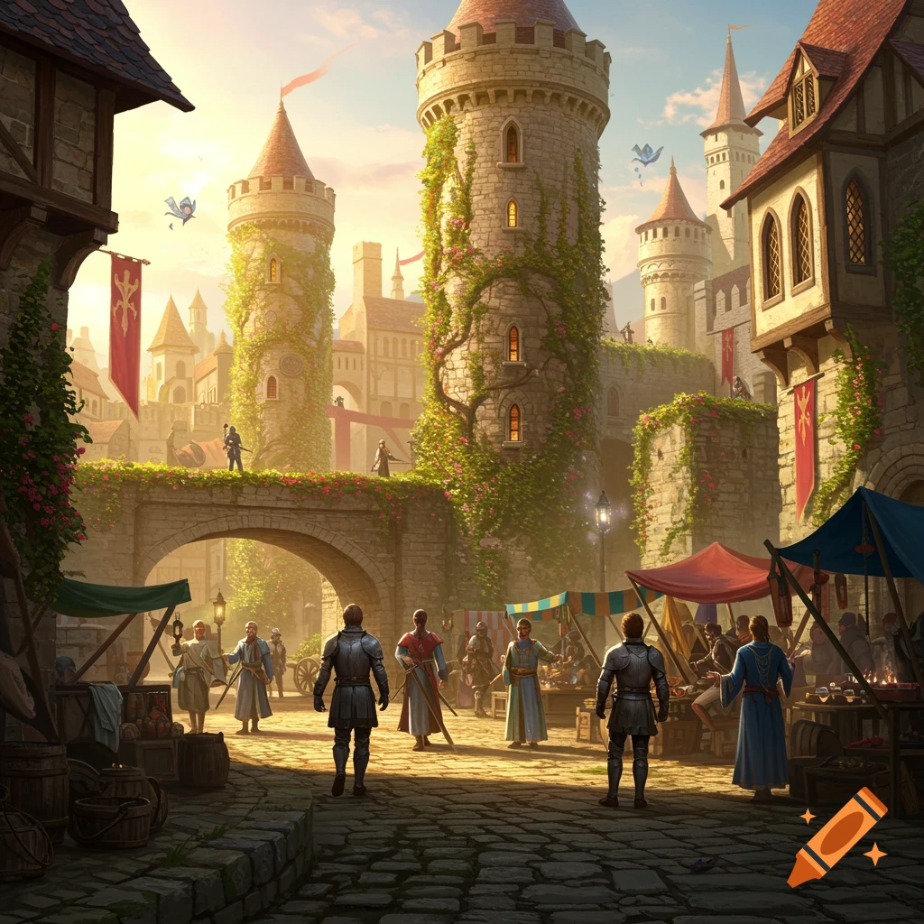 A vibrant fantasy concept art of a bustling medieval city at golden hour, with knights and villagers in a market, stone towers covered in ivy.