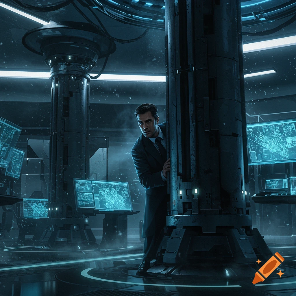 A man in a suit, Agent Jones, peeks from behind a large pillar in a dark, futuristic agency control room with glowing blue screens.