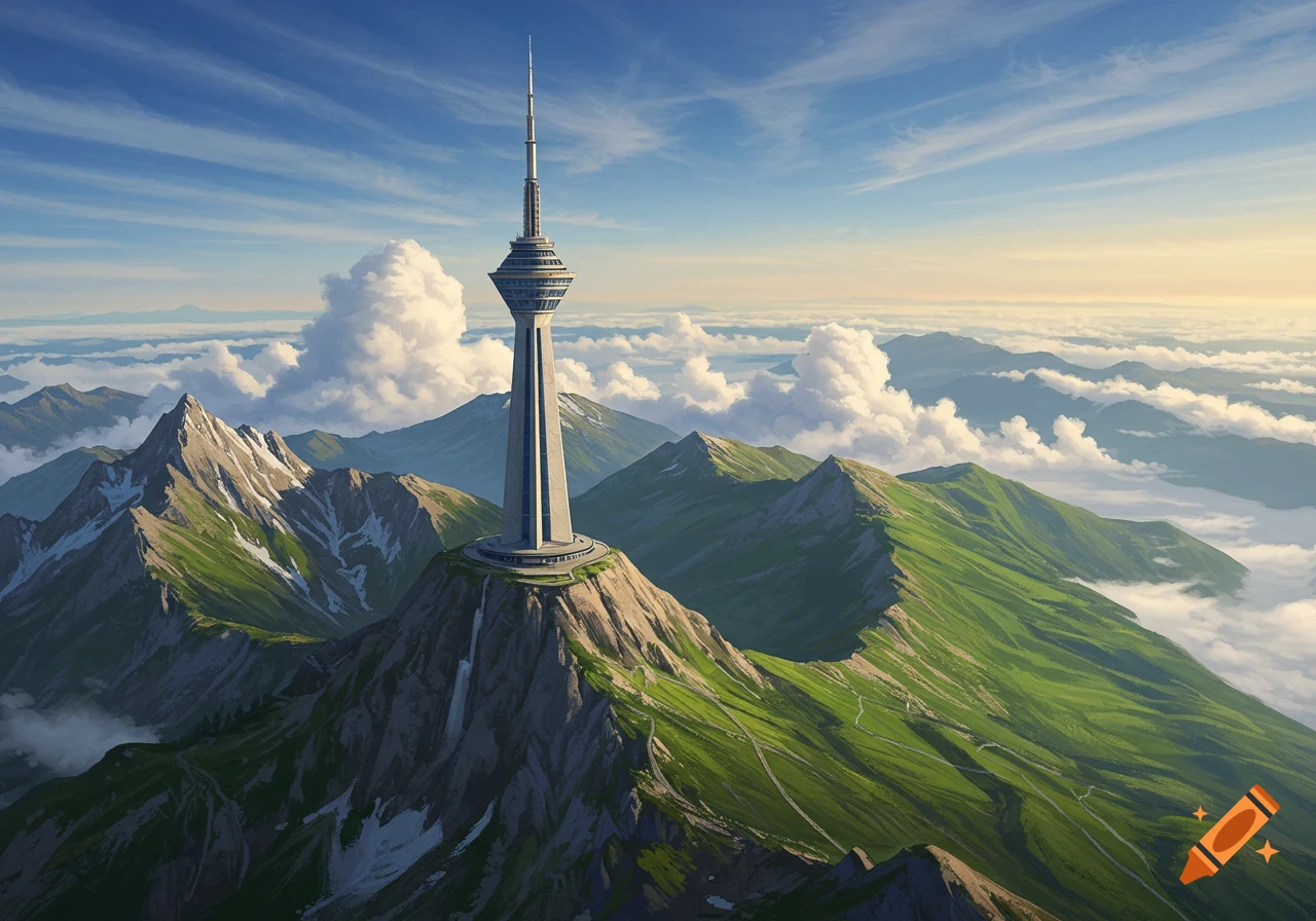 A tall, modern tower stands atop a majestic green mountain surrounded by clouds under a blue sky.