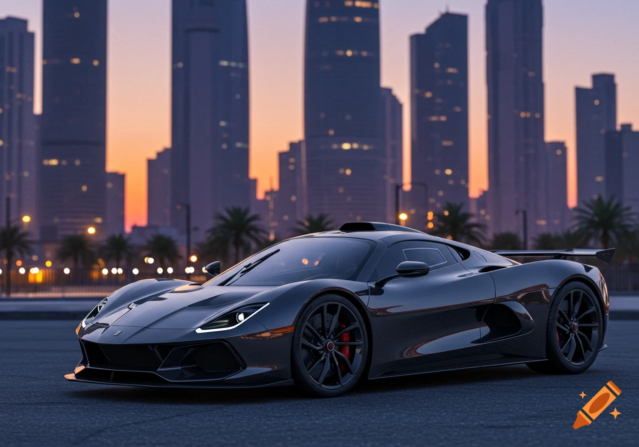 A sleek, dark gray modern hypercar parked on an asphalt road with a city skyline and sunset in the background.