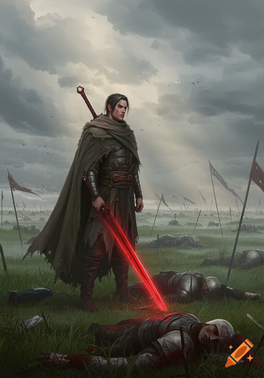 A lone warrior stands on a battlefield among fallen soldiers, holding a glowing red sword under a stormy sky in a digital painting.