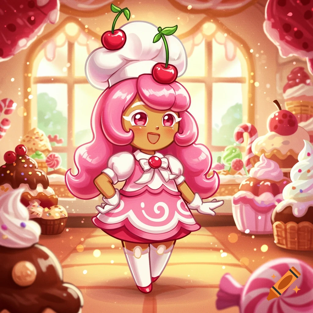 A cheerful, pink-haired 'Cookie Run Kingdom' character in a chef's hat and pink dress with cherries, standing in a brightly lit bakery with cupcakes.