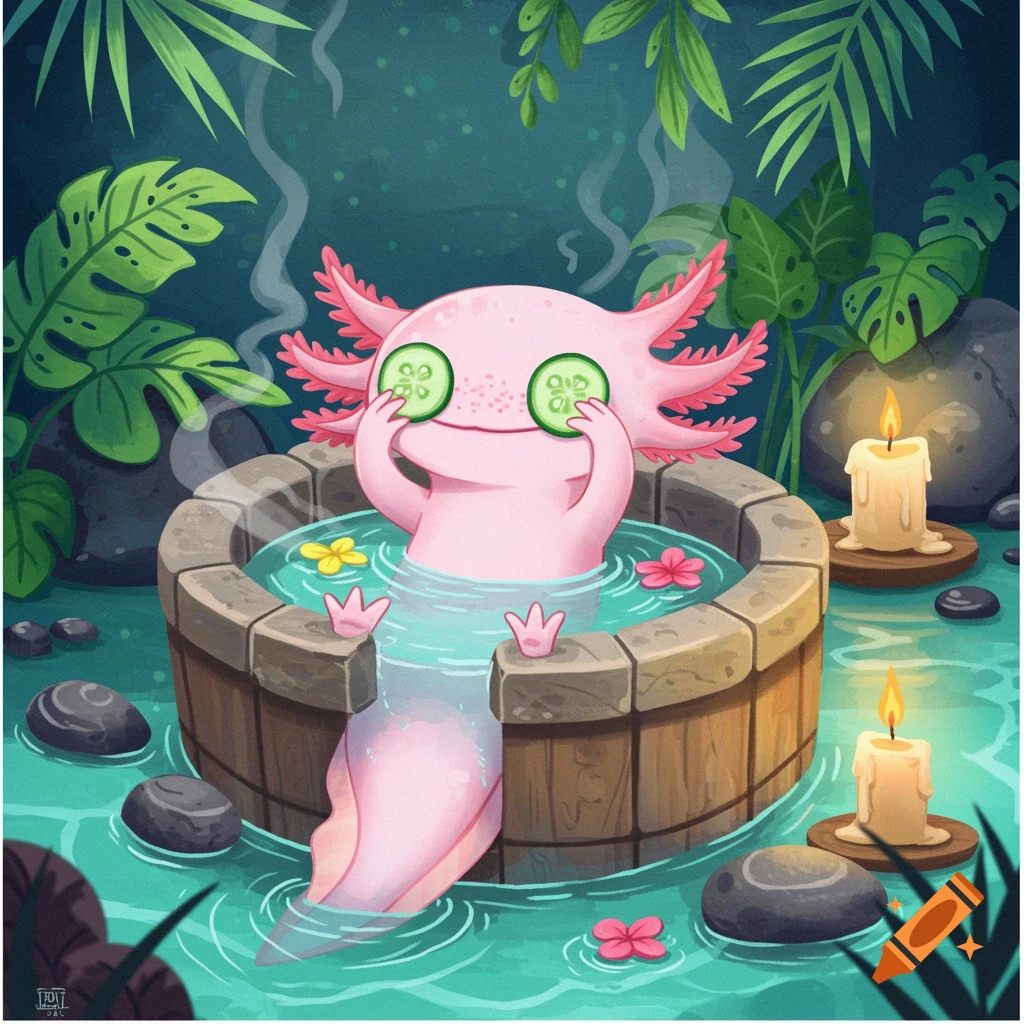 A pink axolotl relaxing in a wooden tub with cucumber slices over its eyes, surrounded by plants and candles in a stylized illustration.