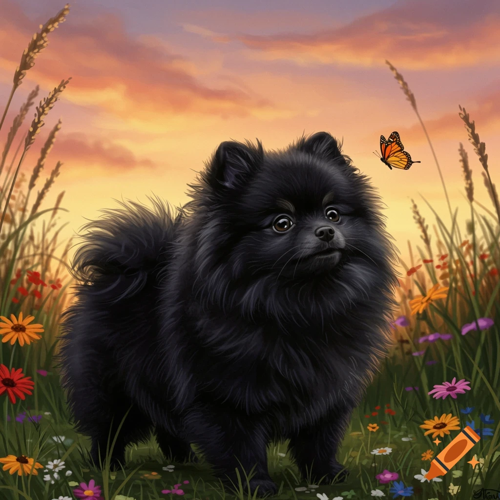 A fluffy black Pomeranian dog in a field of colorful wildflowers looks at an orange butterfly under a sunset sky. Digital art.