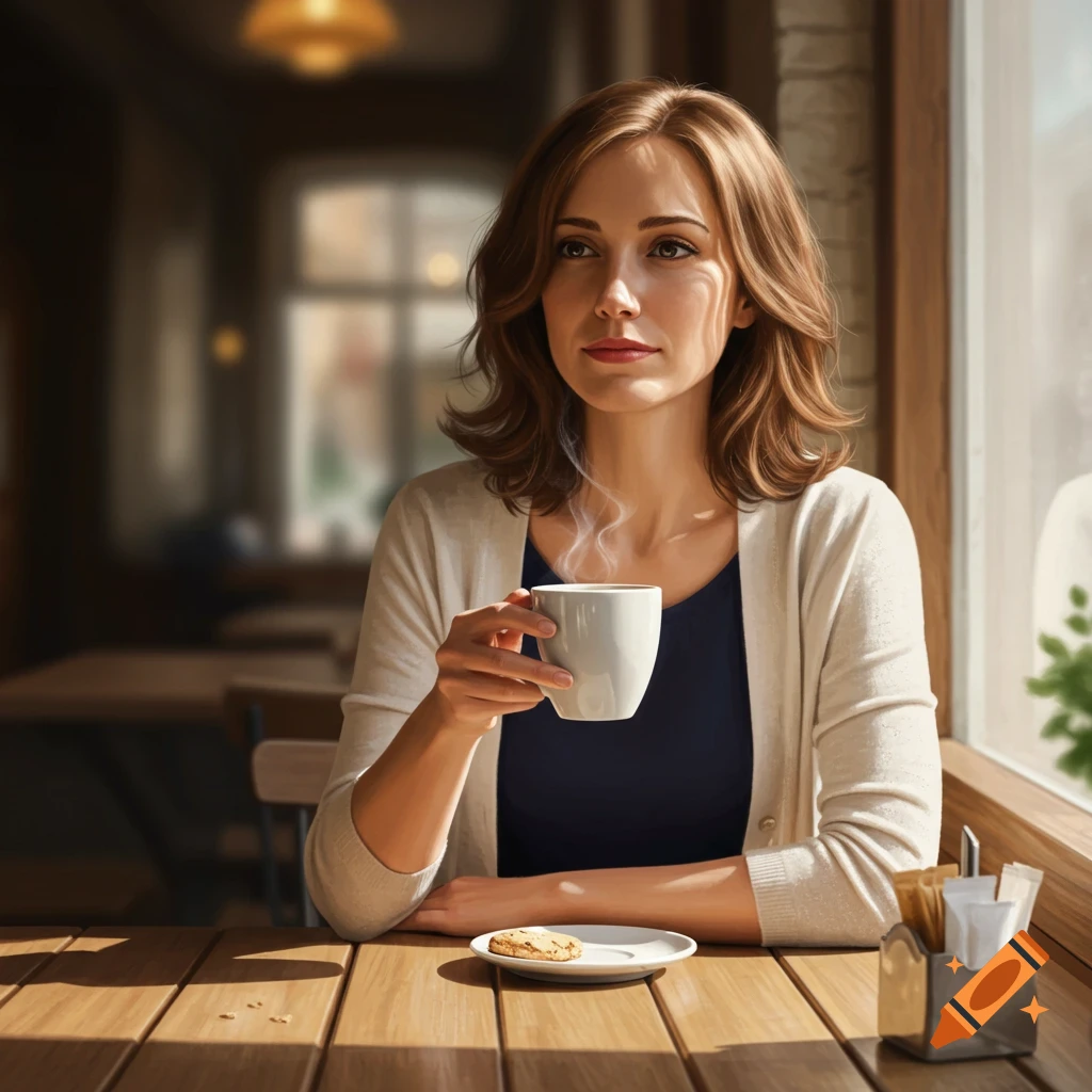 A photorealistic image of a woman sitting at a wooden table in a sunlit cafe, holding a steaming coffee cup and looking thoughtfully.