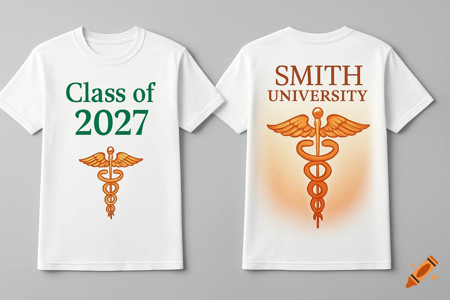 Two white t-shirts, front shows 'Class of 2027' and a caduceus, back shows 'Smith University' and a larger caduceus.