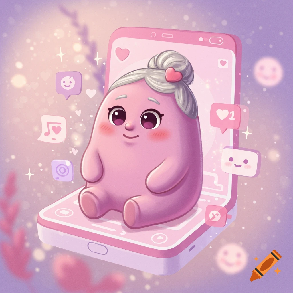 A cute pink cartoon character with a bun sits on a large pink smartphone, surrounded by floating app icons and sparkles in pastel colors.