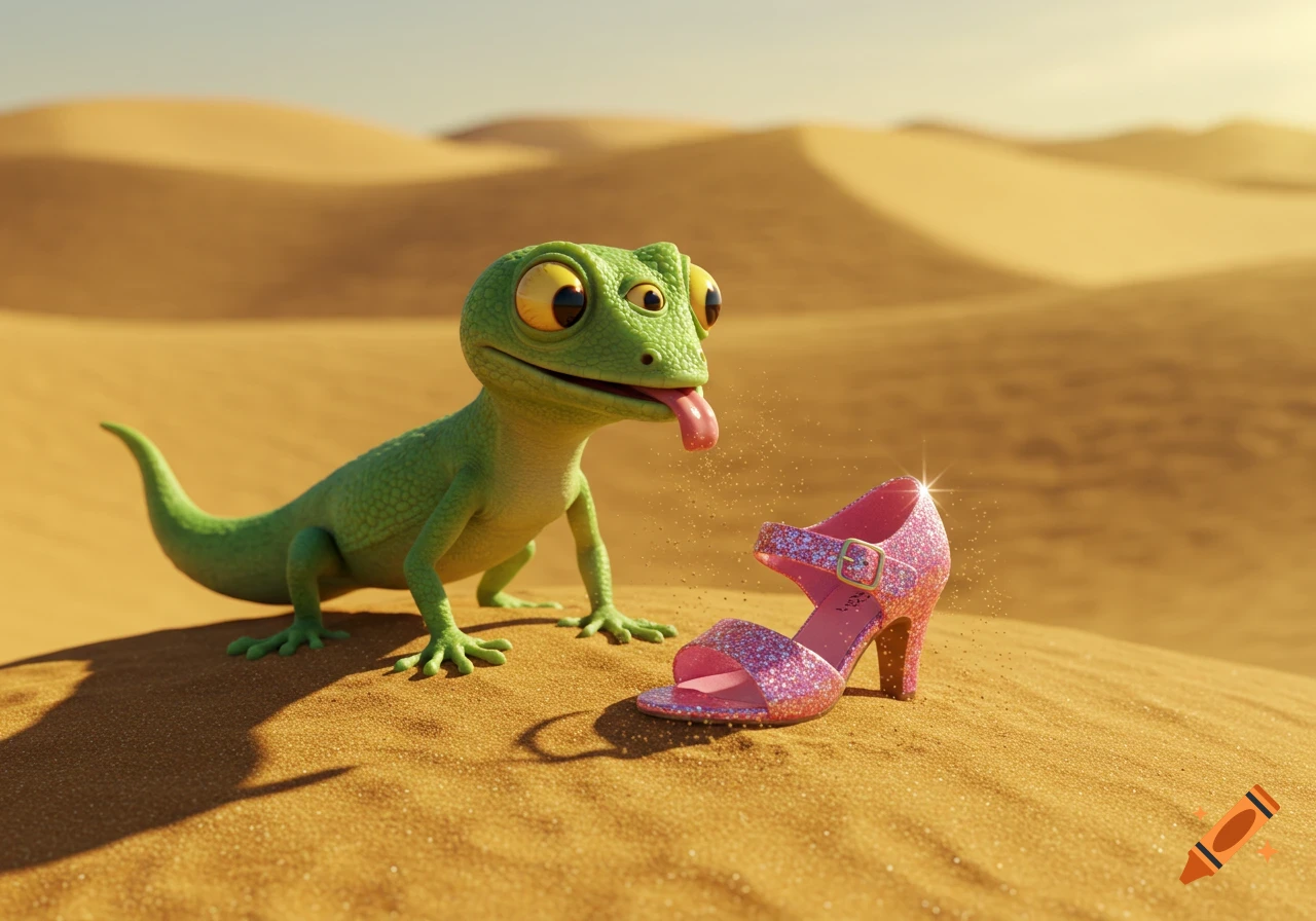 A cartoonish, three-eyed green lizard with its tongue out looks at a sparkling pink high-heeled shoe in a vast sand desert.
