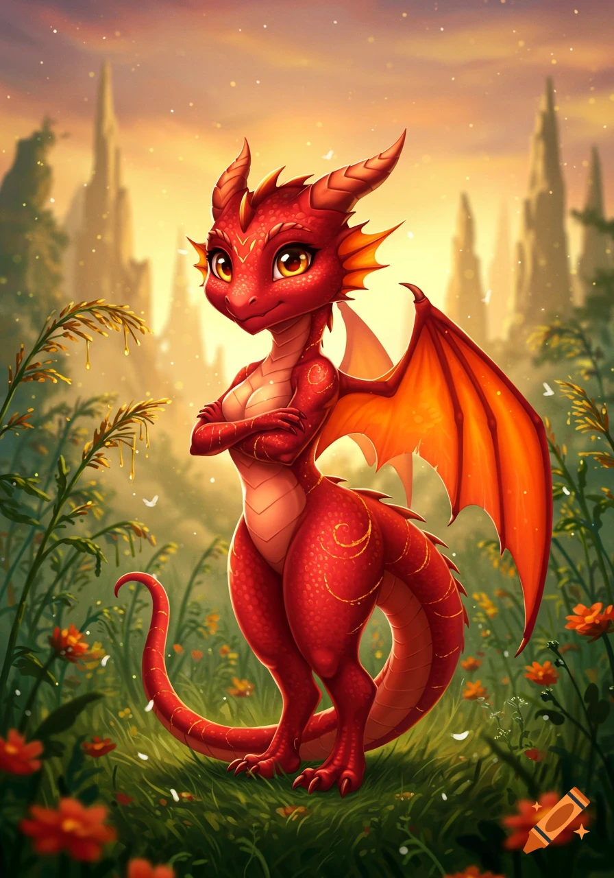A cute, red, female dragon with crossed arms stands in a lush fantasy landscape with golden light and flowers.