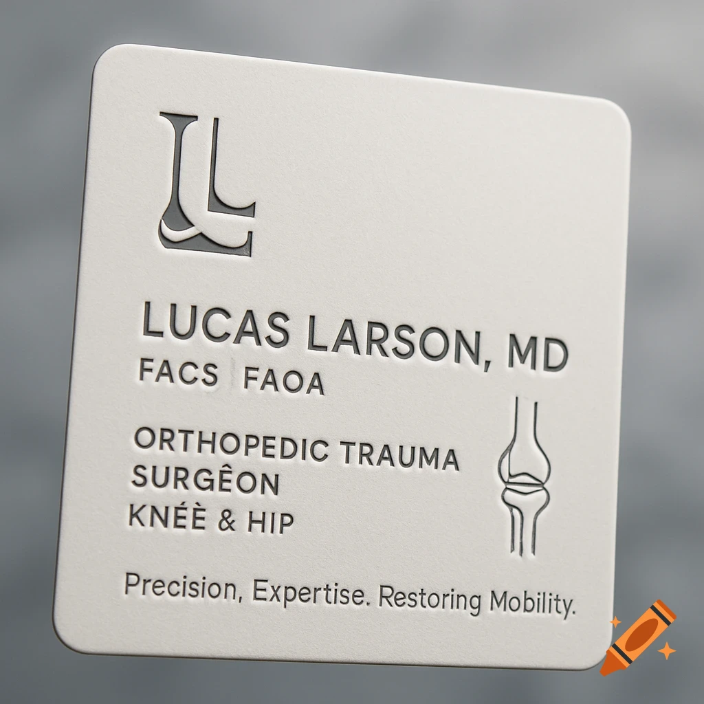 Close-up product shot of a minimalist white business card for an orthopedic trauma surgeon, featuring an LL monogram and stylized knee joint logo.