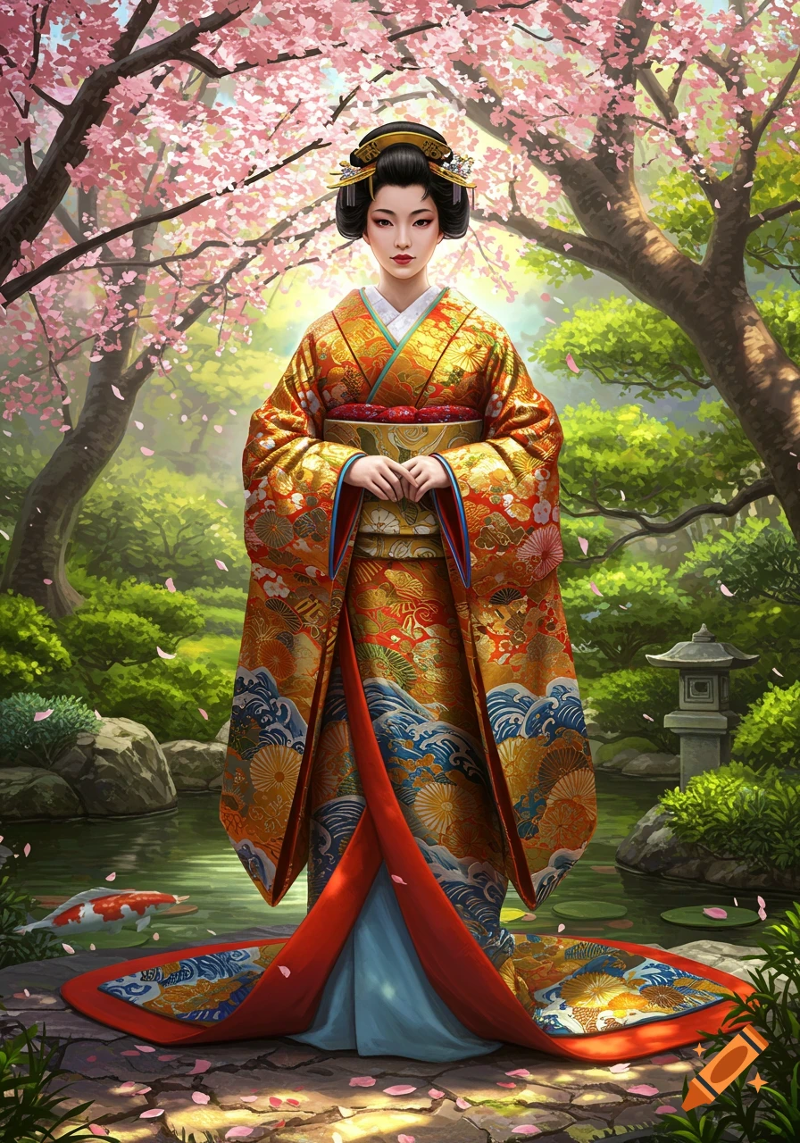 A woman in a beautiful golden and red traditional Japanese kimono stands in a cherry blossom garden with a pond and koi fish.